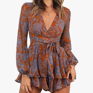 Floral Print V-Neck Romper Double Layer Ruffle Hem Long Sleeves Waist Tie